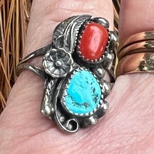 Sterling turquoise coral southwestern ring